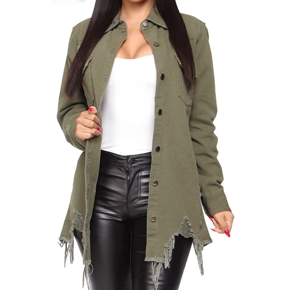 Distressed Denim Shacket Plus Size Olive - Picture 5 of 6